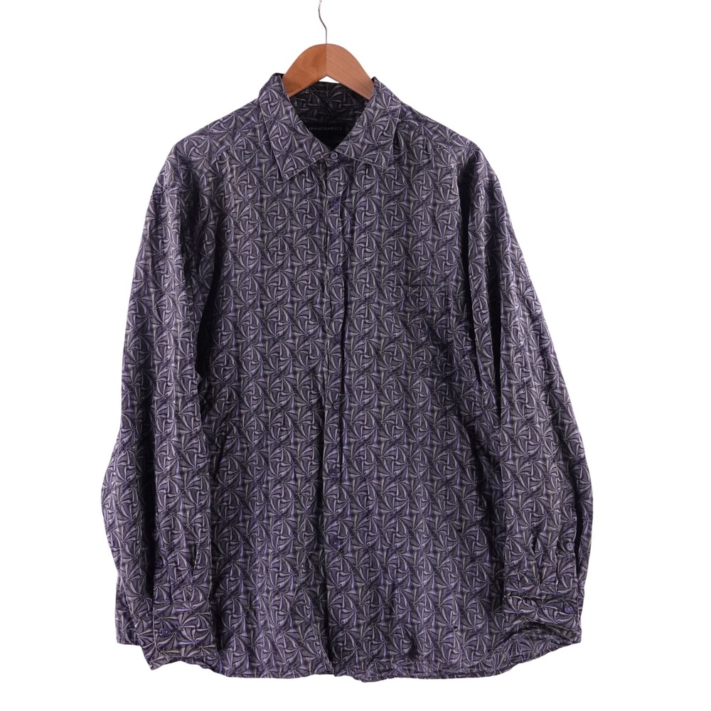 Vintage Jhane Barnes Mens XXL Gray Silk Cotton Geometric Jacquard Shirt